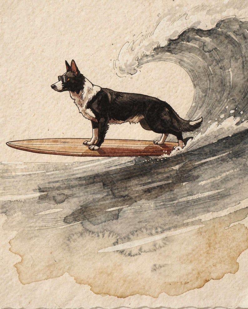 Border Collie surfingtryck, surfhundbarnrumskonst, kustnära barnrumsdekor, hundälskarepresent, utskrivbar väggkonst digital nedladdning bild 2