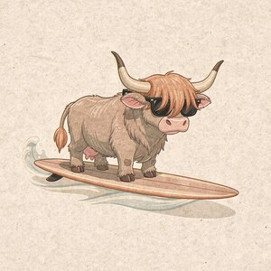 Highland Cow Surfing Print, Cute Coastal Nursery Decor, Cow with Sunglasses on Longboard, Printable Wall Art Digital Download image 2