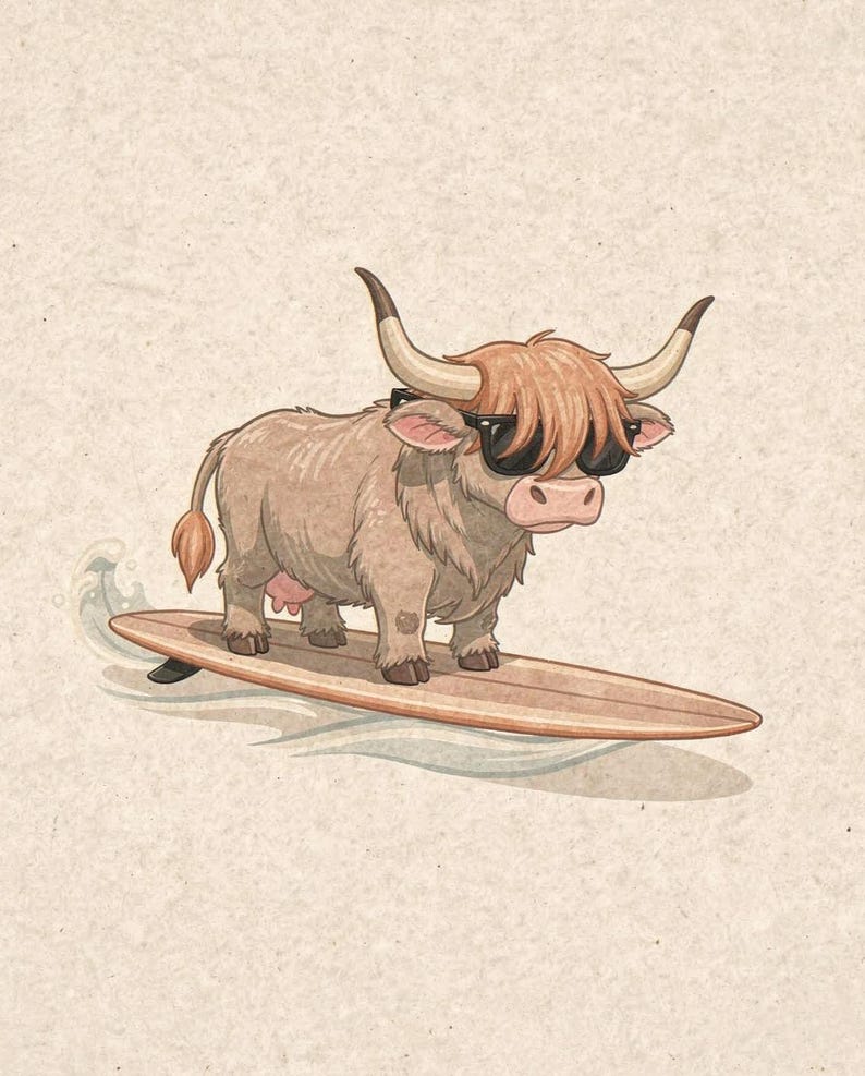 Highland Cow Surfing Print, Cute Coastal Nursery Decor, Cow with Sunglasses on Longboard, Printable Wall Art Digital Download image 2