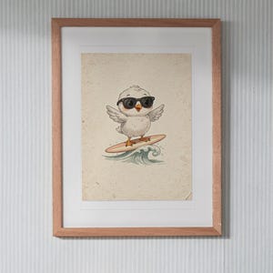 Seagull Surfing Art Print, Framed or Unframed Coastal Nursery Poster image 13