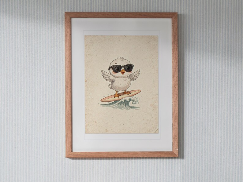 Seagull Surfing Art Print, Framed or Unframed Coastal Nursery Poster image 13