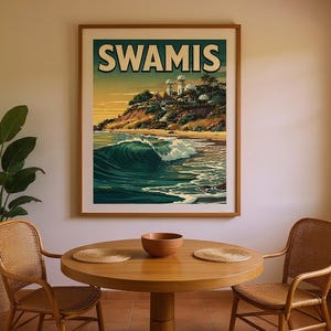 Swamis Surf Poster framed in a coastal dining room setting