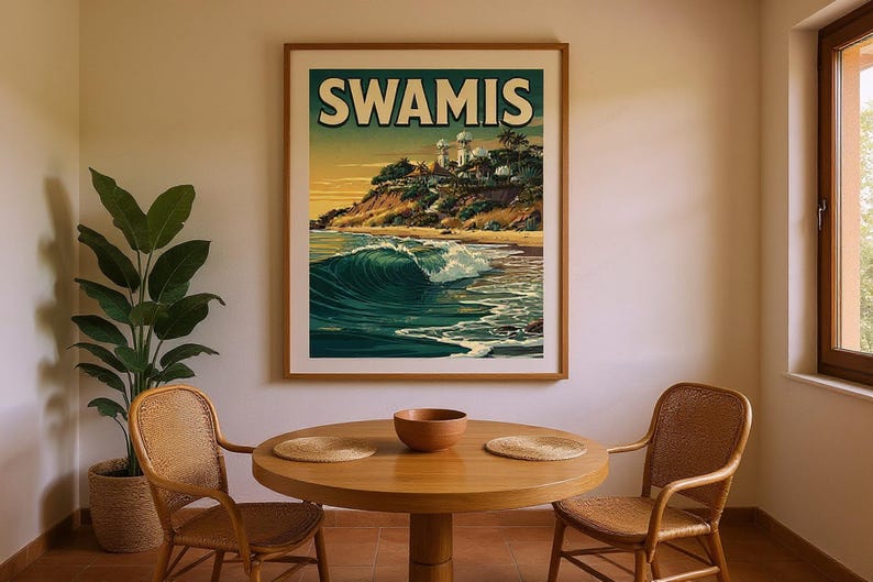 Swamis Surf Poster framed in a coastal dining room setting