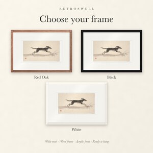 Frame options for Dog Running on the Beach Xieyi Ink: Red Oak, black and white wood frames, each with a white mat.