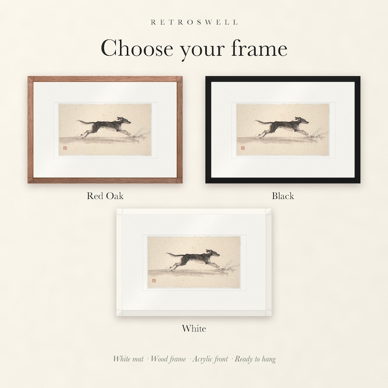 Frame options for Dog Running on the Beach Xieyi Ink: Red Oak, black and white wood frames, each with a white mat.
