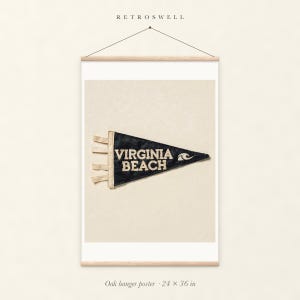 Virginia Beach Surf Pennant oak hanger poster, 24 by 36 inches, with natural wood rails and a hanging cord.