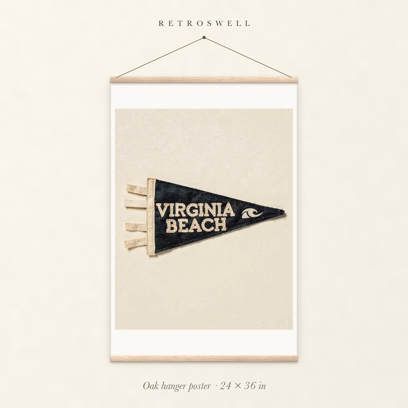 Virginia Beach Surf Pennant oak hanger poster, 24 by 36 inches, with natural wood rails and a hanging cord.