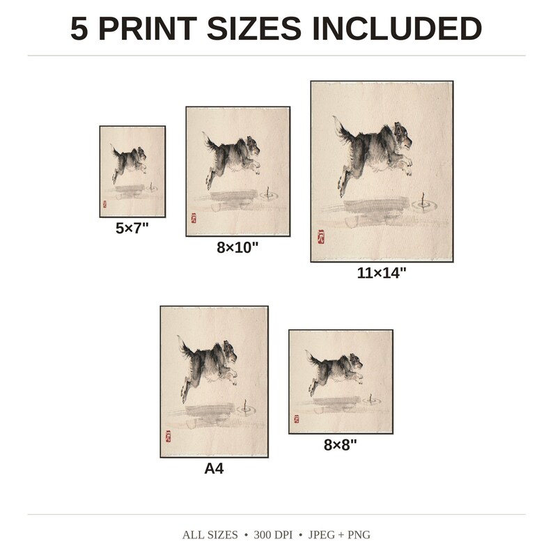 Xieyi Ink Dog Chasing Stick Into Surf Print - available print sizes: 5x7, 8x10, 11x14, A4, and square