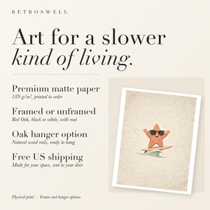 RetroSwell print details for Surfing Starfish: premium 189 g/m² matte paper, framed or unframed, oak hanger option, free US shipping.