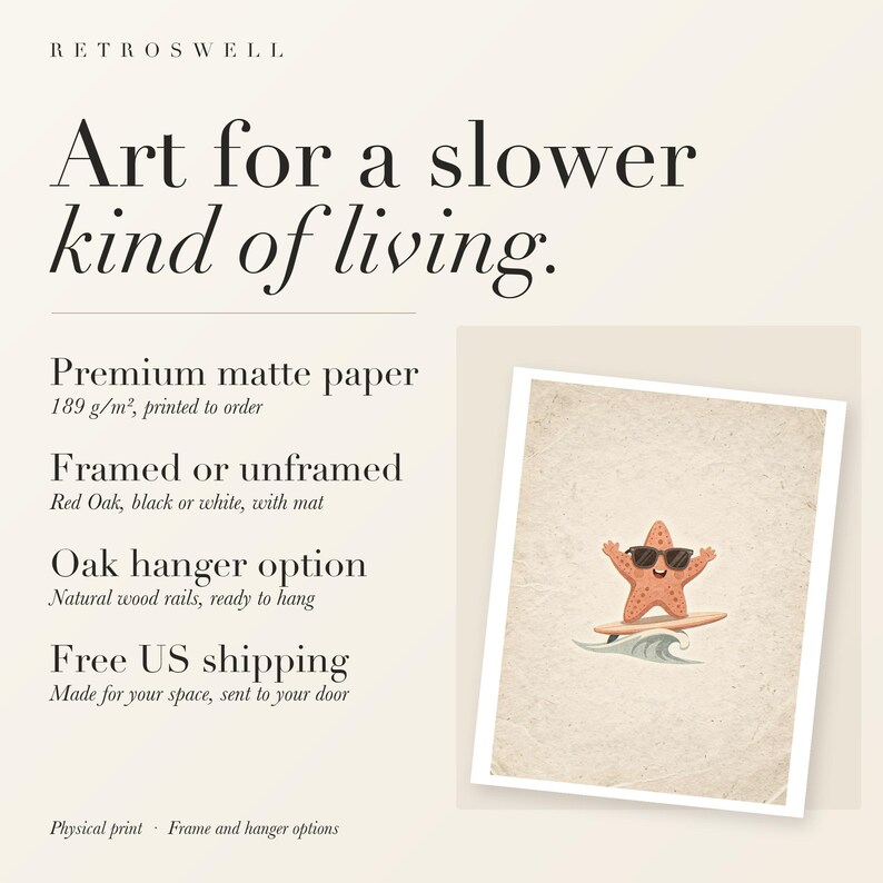RetroSwell print details for Surfing Starfish: premium 189 g/m² matte paper, framed or unframed, oak hanger option, free US shipping.