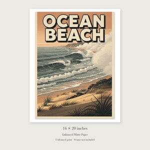 Pôster de viagem de surfe da praia de Ocean Beach, San Diego, emoldurado ou sem moldura, estilo vintage. Impressão costeira. imagem 9