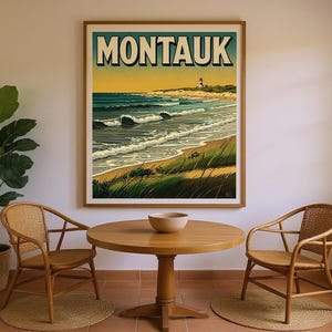 Montauk Surf Poster framed in a coastal dining room setting