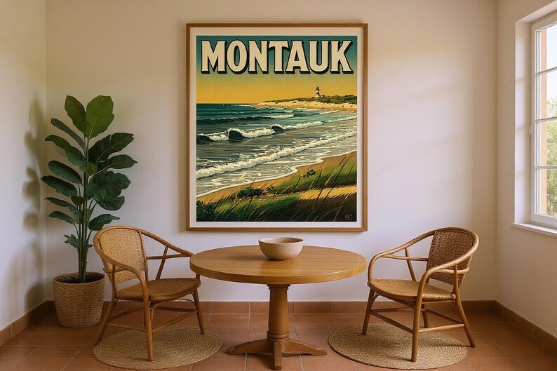 Montauk Surf Poster framed in a coastal dining room setting