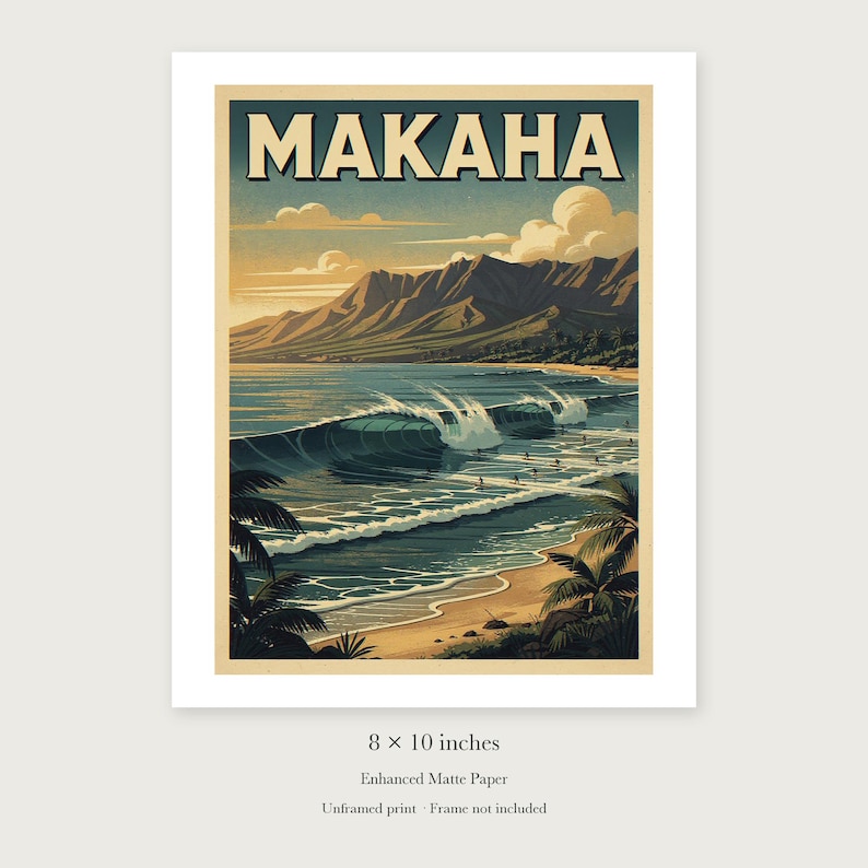 Makaha Surf unframed 8 by 10 inch print on enhanced matte paper, shown with its white paper border.