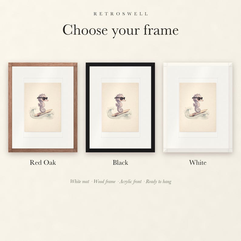Frame options for Seahorse Surfing: Red Oak, black and white wood frames, each with a white mat.