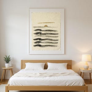 Sumi-e Seven Waves with Gold Accent Print framed in a modern bedroom setting