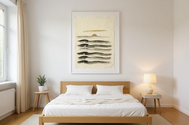 Sumi-e Seven Waves with Gold Accent Print framed in a modern bedroom setting