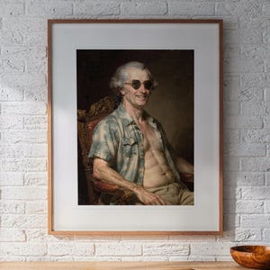 James Madison Surfer printable art, shown printed in a Red Oak frame with a white mat, hanging above the desk in a home office.
