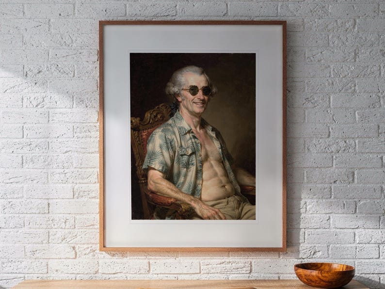 James Madison Surfer printable art, shown printed in a Red Oak frame with a white mat, hanging above the desk in a home office.