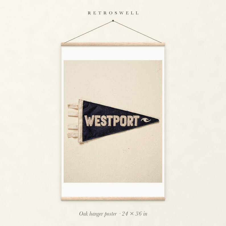 Westport Surf Pennant oak hanger poster, 24 by 36 inches, with natural wood rails and a hanging cord.
