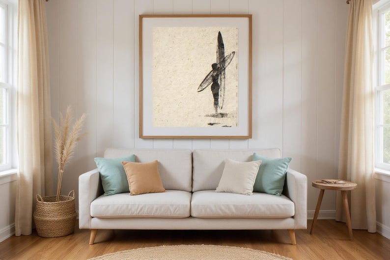 Sumi-e Dawn Patrol Surfer Print framed in a beach-style living room setting