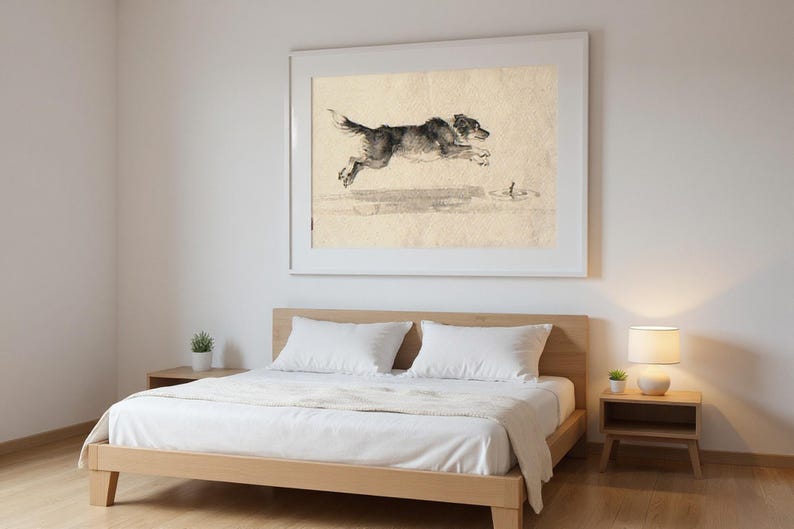 Xieyi Ink Dog Chasing Stick Into Surf Print framed in a modern bedroom setting