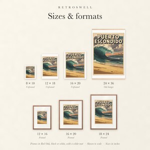 Sizes and formats for Puerto Escondido Surf, shown to scale: unframed prints, oak hanger and framed prints.