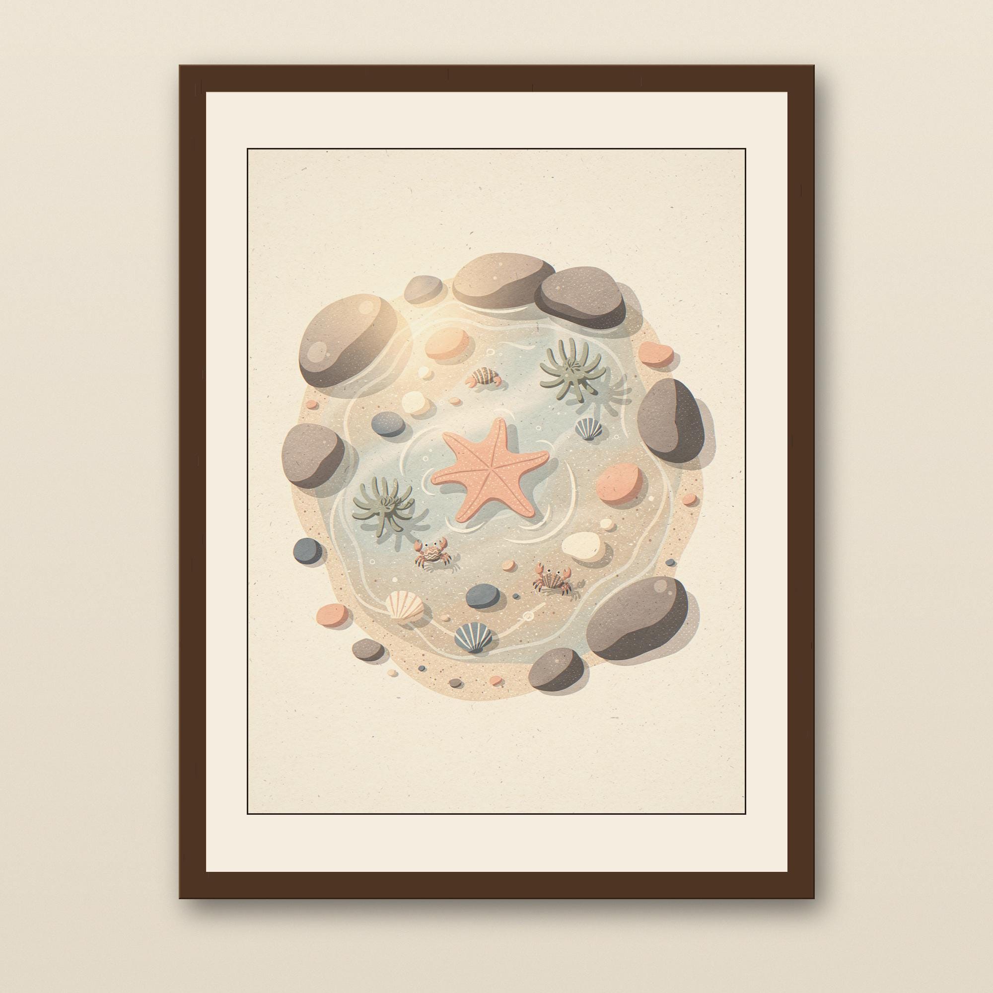 Tide Pool Art Print - walnut framed art print with cream mat on plaster wall