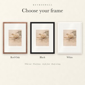 Frame options for Yellow Labrador Surfing: Red Oak, black and white wood frames, each with a white mat.
