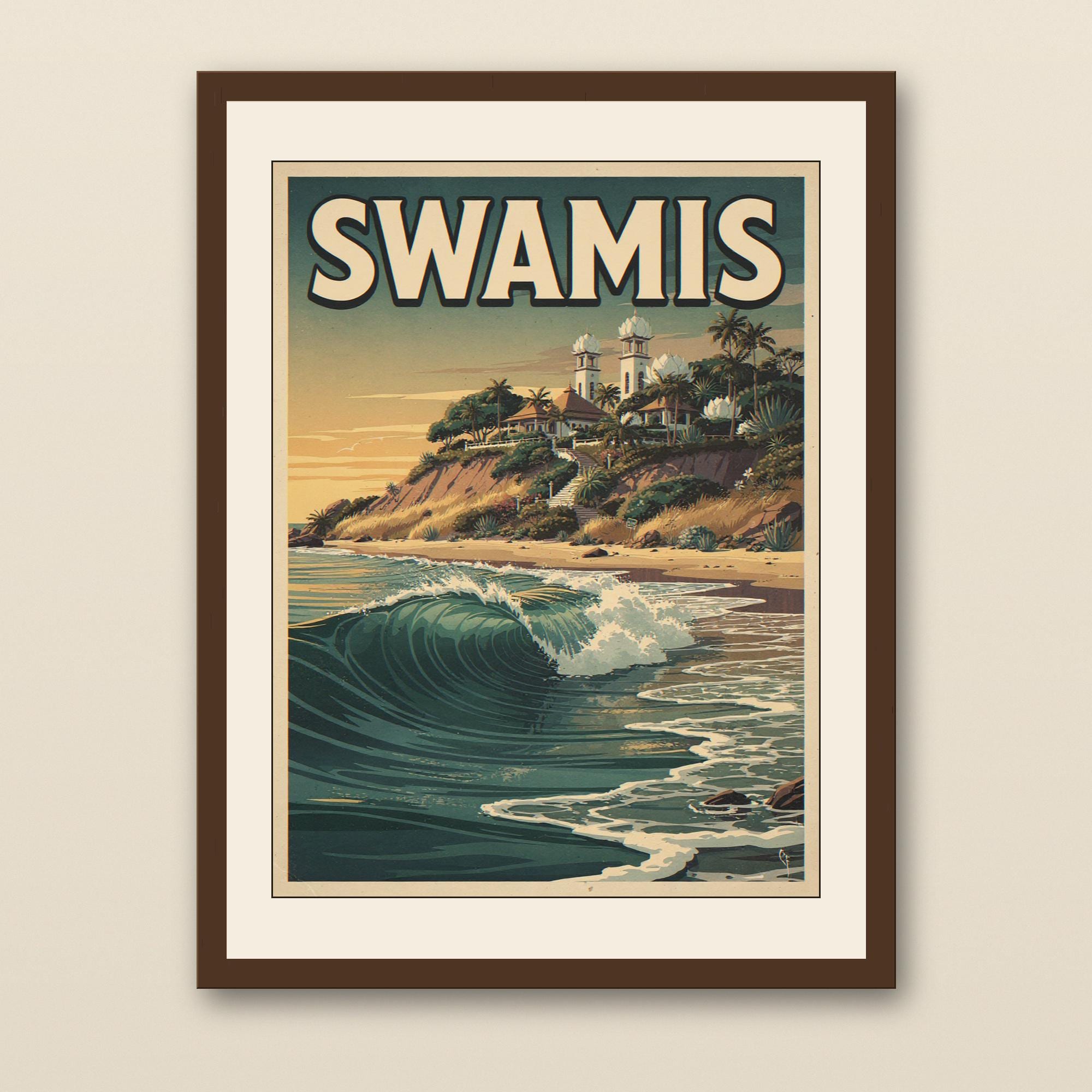 Swamis Surf Poster - walnut framed art print with cream mat on plaster wall