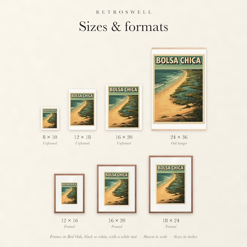 Sizes and formats for Bolsa Chica Surf, shown to scale: unframed prints, oak hanger and framed prints.