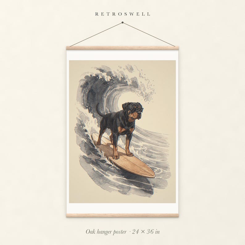 Rottweiler Surfing oak hanger poster, 24 by 36 inches, with natural wood rails and a hanging cord.