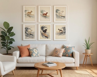 Surfing Dogs Gallery Wall Set | Vintage Surf Travel Poster | Retro Beach Wall Art | Coastal Decor Printable