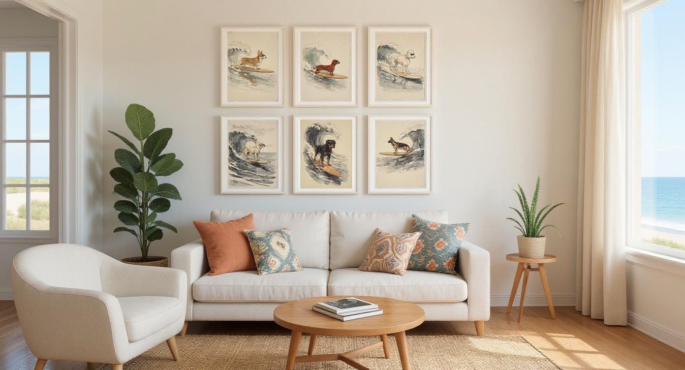 Surfing Dogs Gallery Wall Bundle - 6 framed art prints on wall