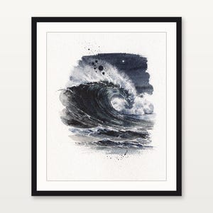 Moonlit Wave Watercolor Print, Night Ocean Wall Art, Indigo Coastal Decor, Moon Wave Painting, Printable Wall Art Digital Download image 3