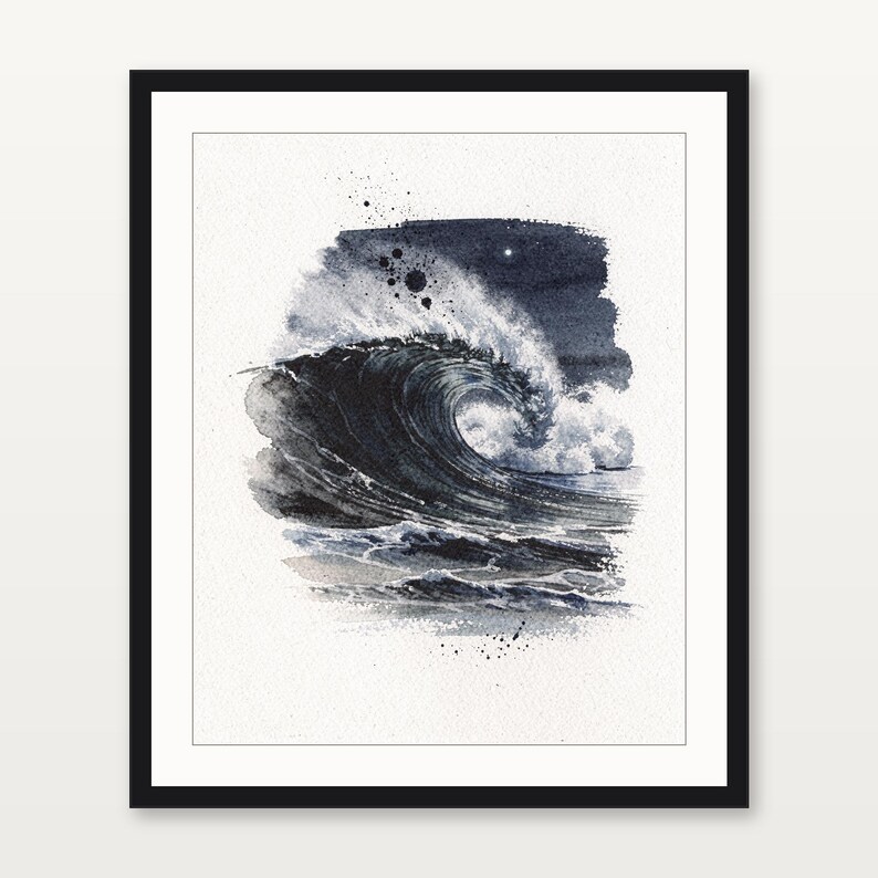 Moonlit Wave Watercolor Print, Night Ocean Wall Art, Indigo Coastal Decor, Moon Wave Painting, Printable Wall Art Digital Download image 3