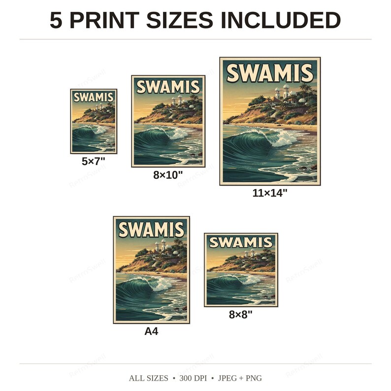 Swamis Surf Poster - available print sizes: 5x7, 8x10, 11x14, A4, and square