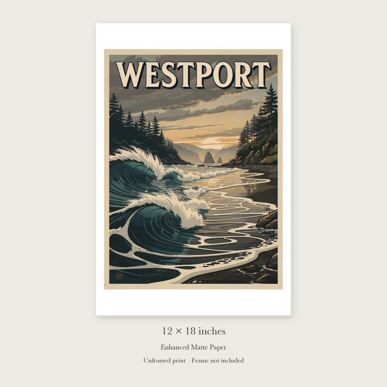 Westport Surf unframed 12 by 18 inch print on enhanced matte paper, shown with its white paper border.