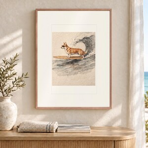 Lámina artística de Corgi surfeando, póster de perro costero con o sin marco. imagen 12