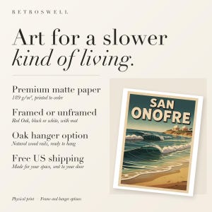 RetroSwell print details for San Onofre Surf: premium 189 g/m² matte paper, framed or unframed, oak hanger option, free US shipping.