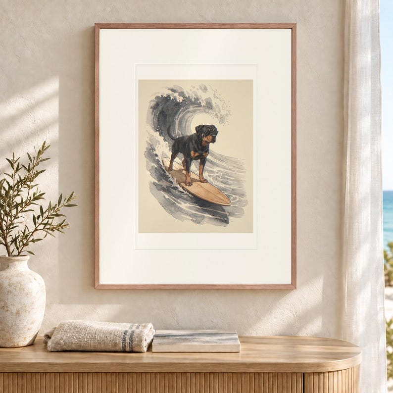 Rottweiler-Surf-Kunstdruck, gerahmt oder ungerahmt, Aquarell-Hundeposter Bild 12