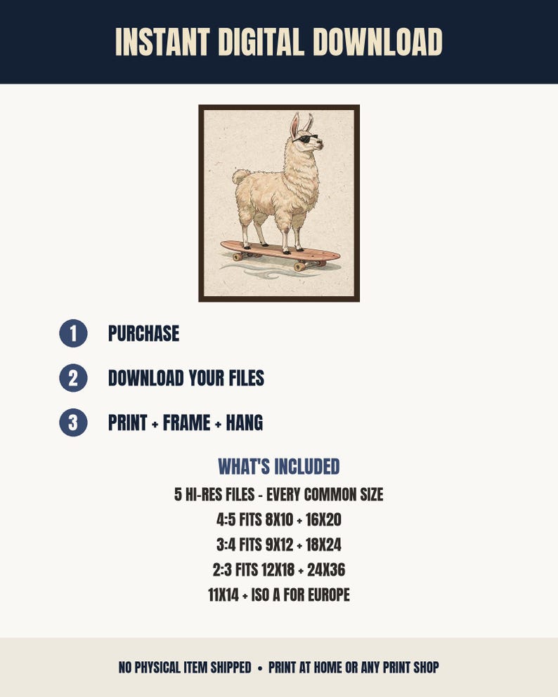 Surfing Llama Print, Cute Llama Watercolor Art, Coastal Nursery Decor, Sepia Ink Animal Illustration, Printable Wall Art Digital Download image 5