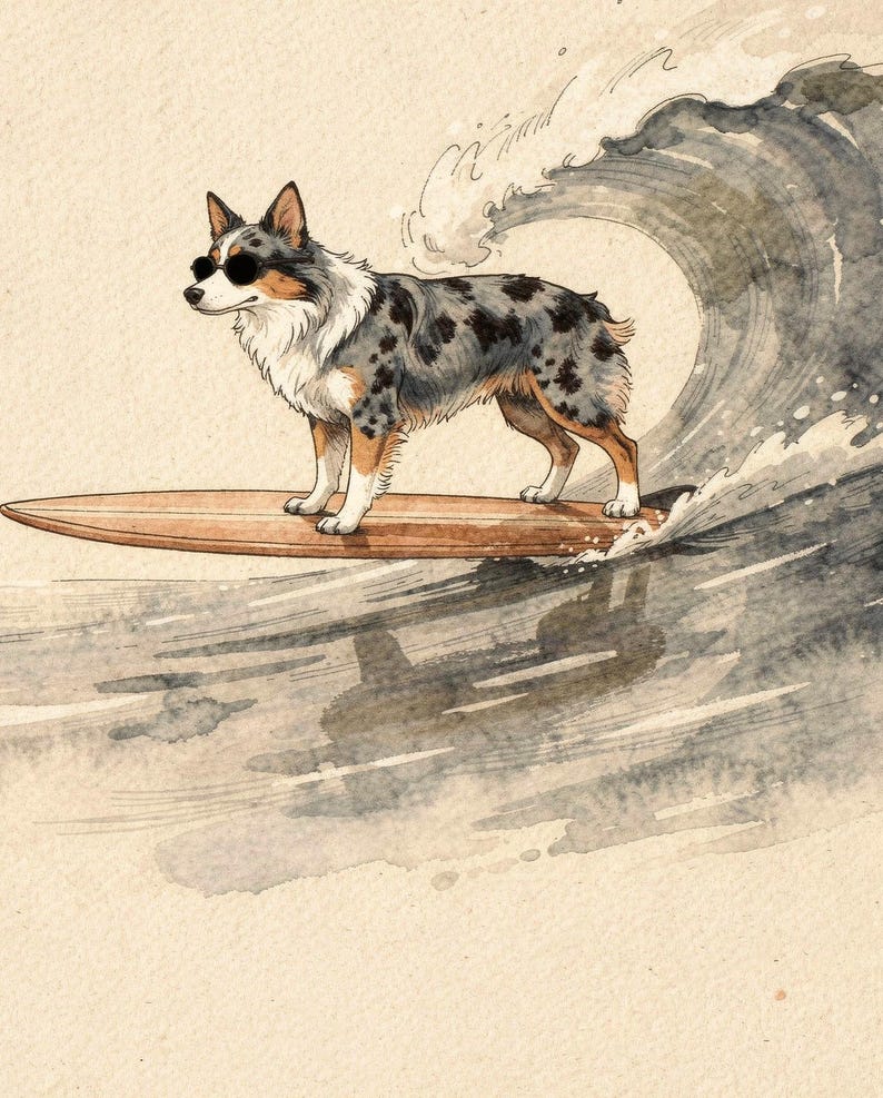 Australian Shepherd Surfing Print
