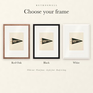 Frame options for Sebastian Inlet Surf Pennant: Red Oak, black and white wood frames, each with a white mat.