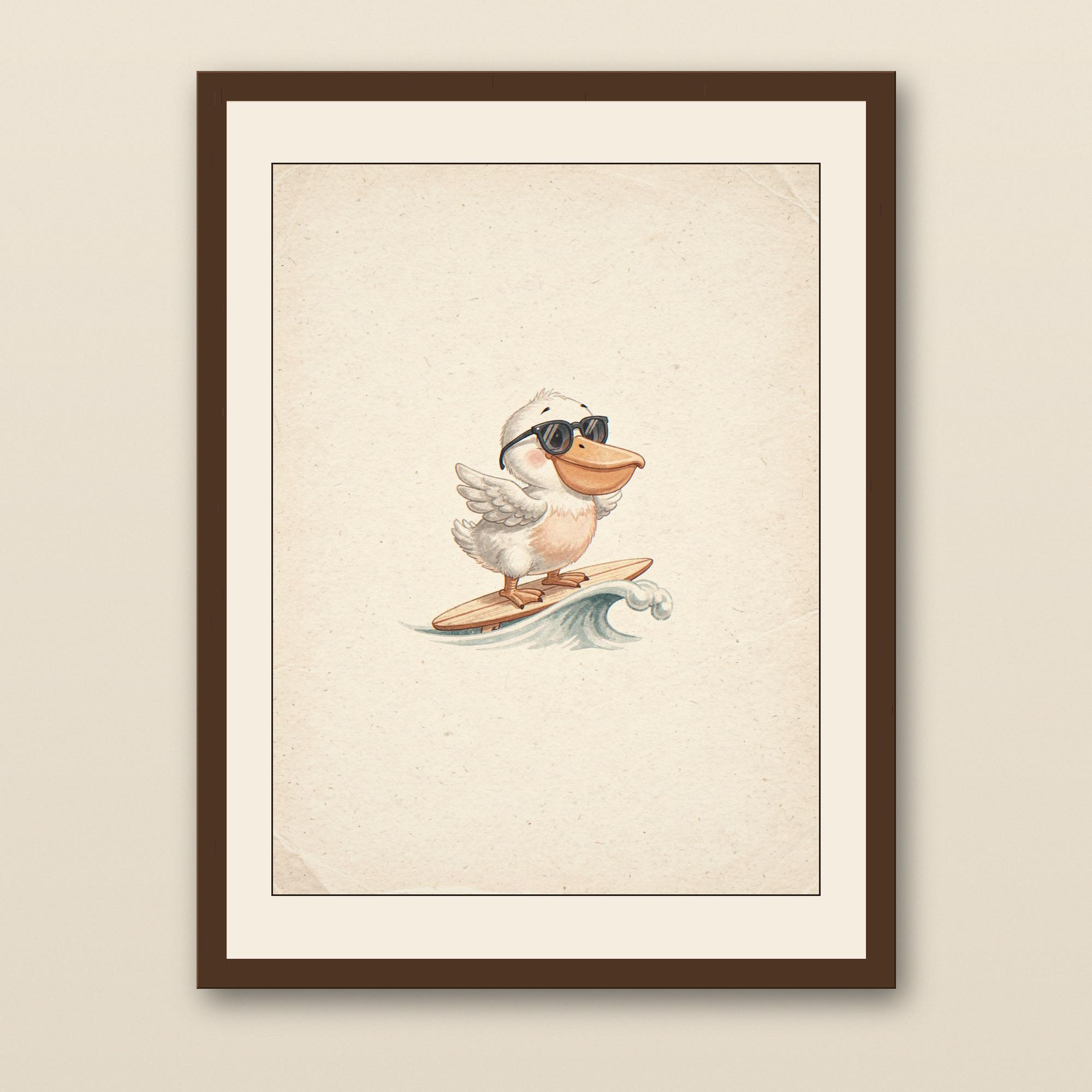 Surfing Pelican Art Print - walnut framed art print with cream mat on plaster wall
