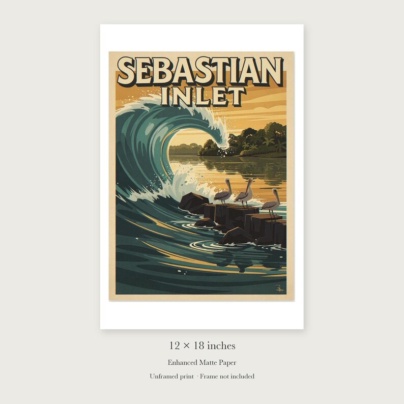 Sebastian Inlet Surf unframed 12 by 18 inch print on enhanced matte paper, shown with its white paper border.