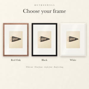 Frame options for Cannon Beach, Oregon Surf Pennant: Red Oak, black and white wood frames, each with a white mat.