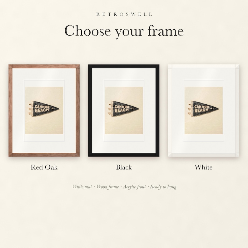 Frame options for Cannon Beach, Oregon Surf Pennant: Red Oak, black and white wood frames, each with a white mat.
