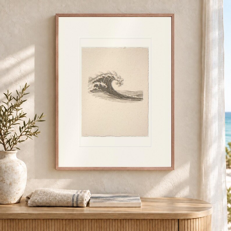 Lámina artística con diseño de olas grabadas, enmarcada o sin enmarcar, póster costero de inspiración vintage. imagen 12