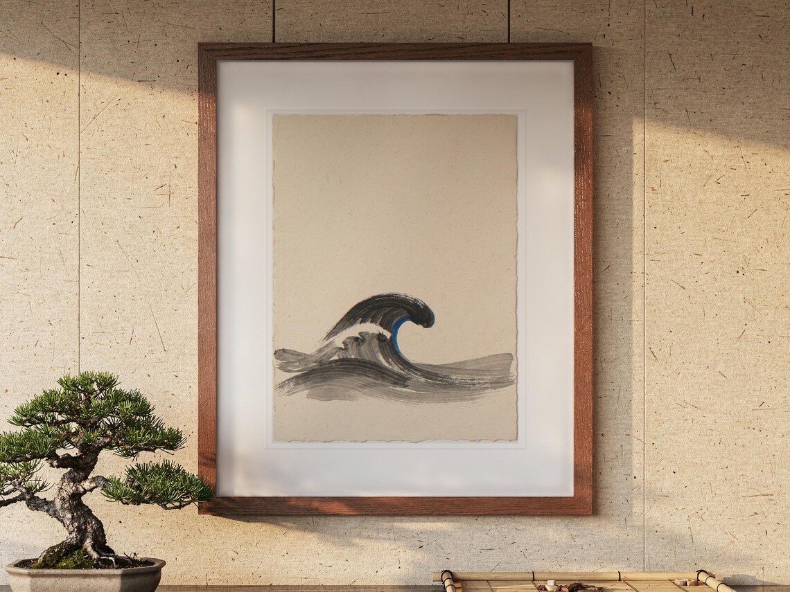Curling Wave Ink Style print in a Red Oak frame with a white mat, hanging above the cabinet in a tea room.